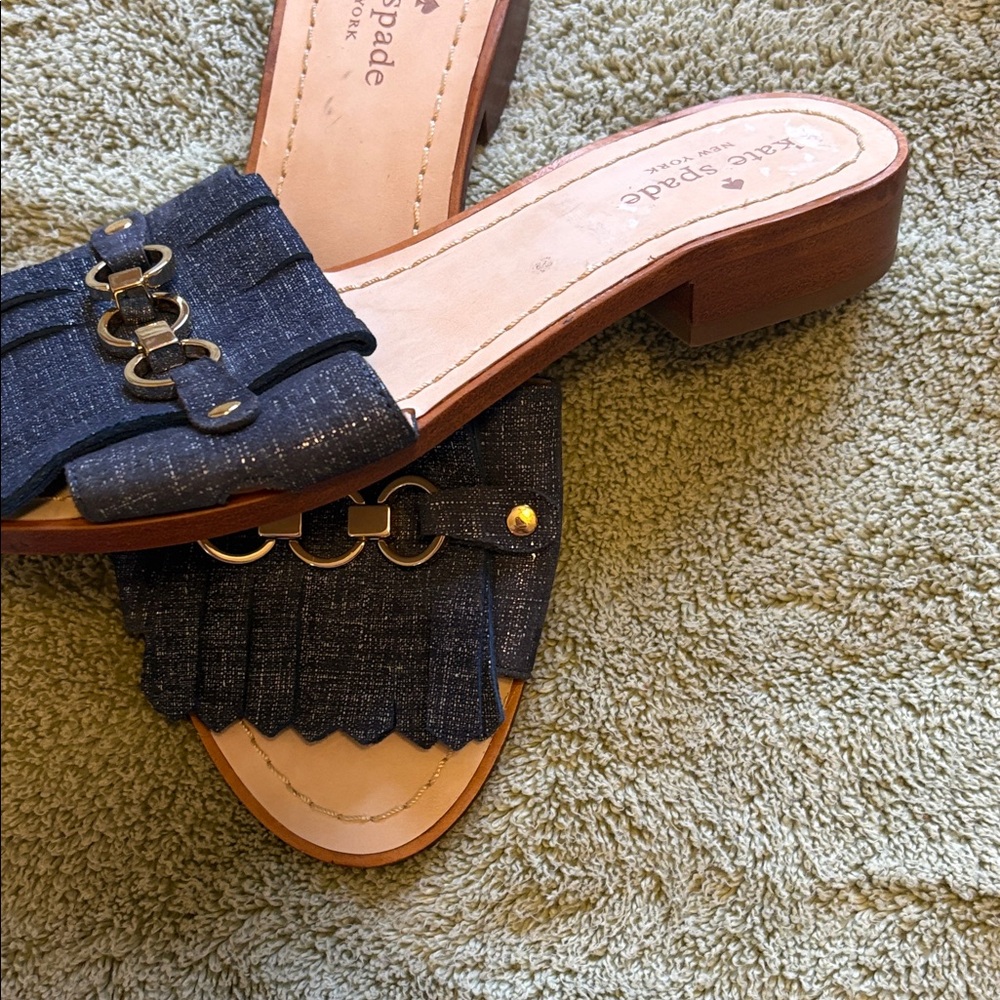 Kate Spade Navy DenimnFringe Sandals with Gold Accents size 7.5 - Picture 4 of 5